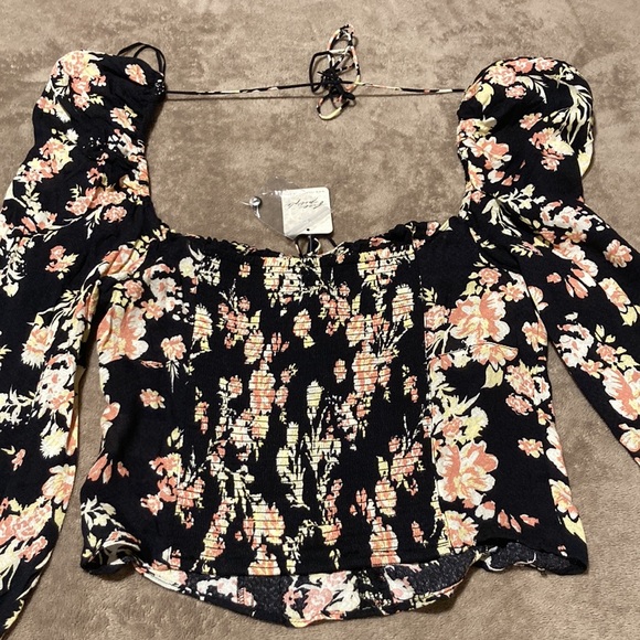 Free People Hilary Floral Print Long Puffed Sleeve Tie Back Smocked - Picture 7 of 16